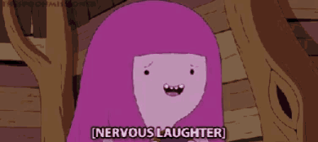 a cartoon character says nervous laughter in front of a wooden structure