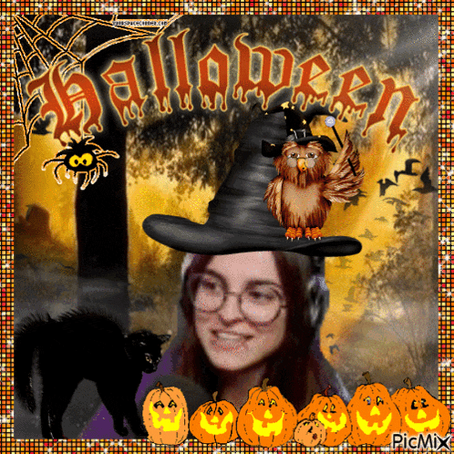 a girl wearing a witch hat is surrounded by pumpkins and an owl and the words halloween