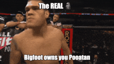 a man in a boxing ring with the words the real bigfoot owns you pooatan