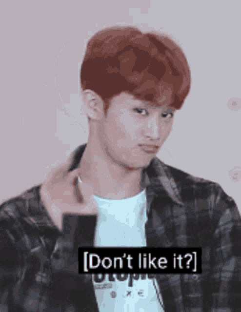 a young man in a plaid shirt is making a funny face and says `` don 't like it ? ''