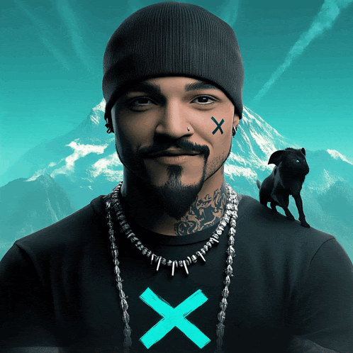 a man with an x on his face is wearing a black shirt with an x on it