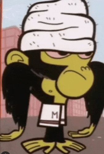 a cartoon monkey with a bandage on his head and the letter m on his shorts