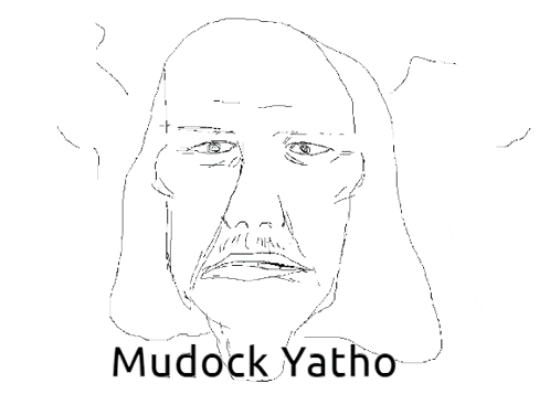 a black and white drawing of a man with the name mudock yatho underneath