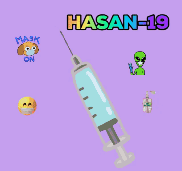 an illustration of a syringe with hasan-19 written on the top