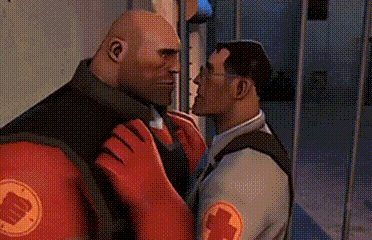 a cartoon of two men kissing each other in a room .