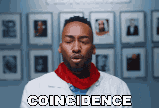 a man with his eyes closed has the word coincidence written above him