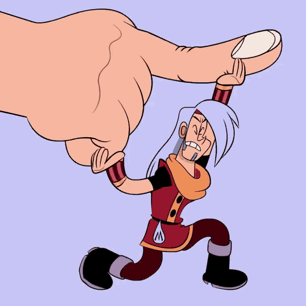 a cartoon character is being held by a giant finger