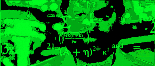 a green and black image of a man 's face with a mathematical equation on it