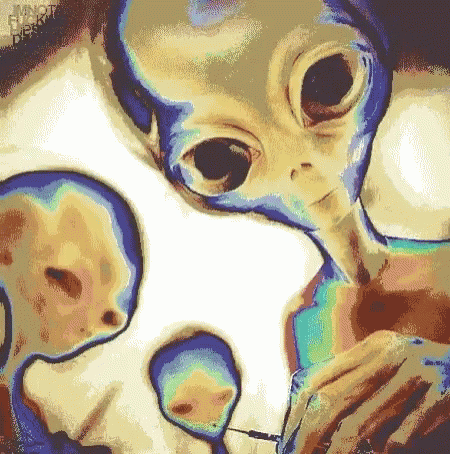 a painting of a group of aliens with a white background and the words planet design on the bottom