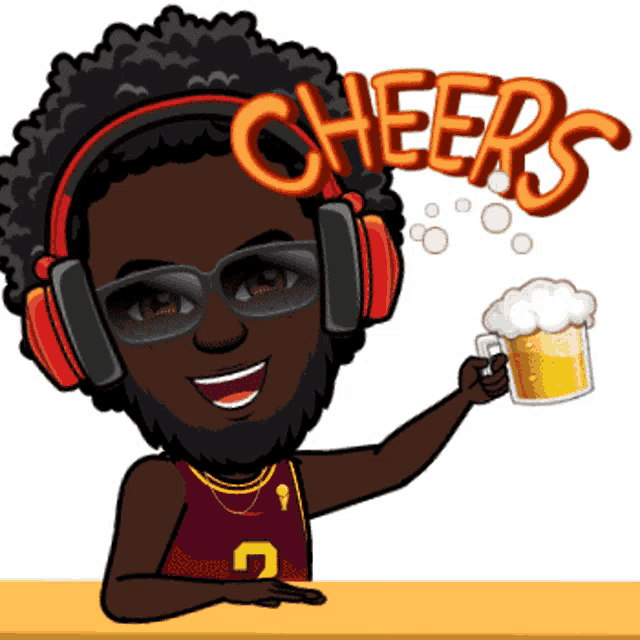 a cartoon of a man wearing headphones holding a mug of beer with cheers written above him