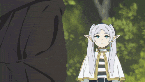 a girl with white hair and blue eyes is standing in front of a man