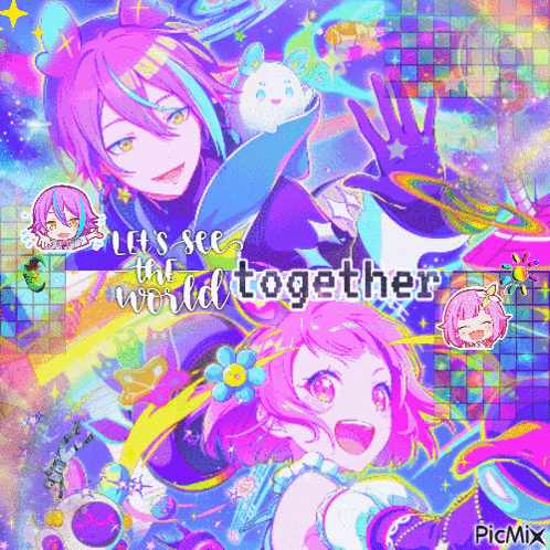 a collage of anime characters with the words `` let 's see the world together '' .