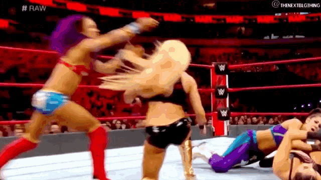 a group of women wrestling in a wrestling ring .