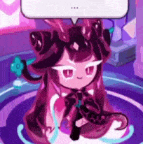a cookie run character with a speech bubble on her head is sitting in a circle .