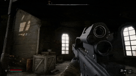 a person is holding a rifle in a dark room with a window .