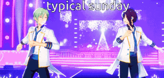 two anime characters are dancing on a stage with the words typical sunday written above them