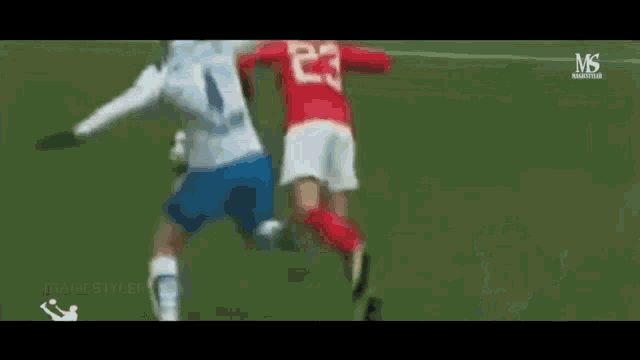a group of soccer players are playing a game on a field .