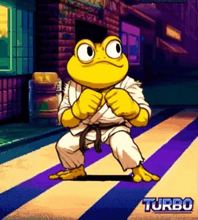 a cartoon frog in a karate uniform is standing on a purple and white striped floor .