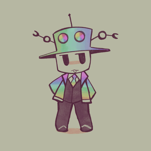 a drawing of a robot wearing a top hat and a rainbow jacket