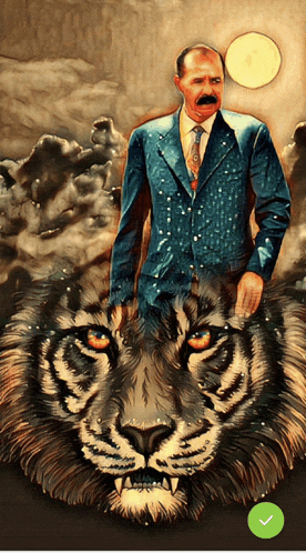 a painting of a man standing on a tiger 's back