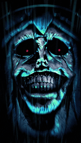 a close up of a skull with red eyes and teeth