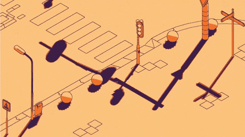 an isometric drawing of a person riding a bike across a street
