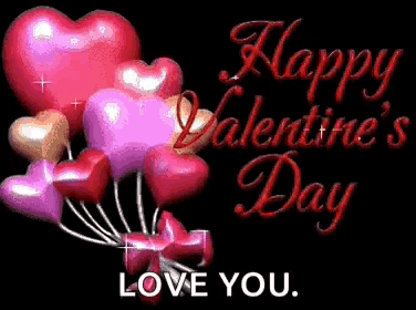 a happy valentine 's day greeting card with a bunch of balloons in the shape of hearts