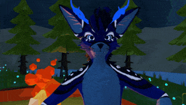 a cartoon drawing of a blue cat in a forest with trees