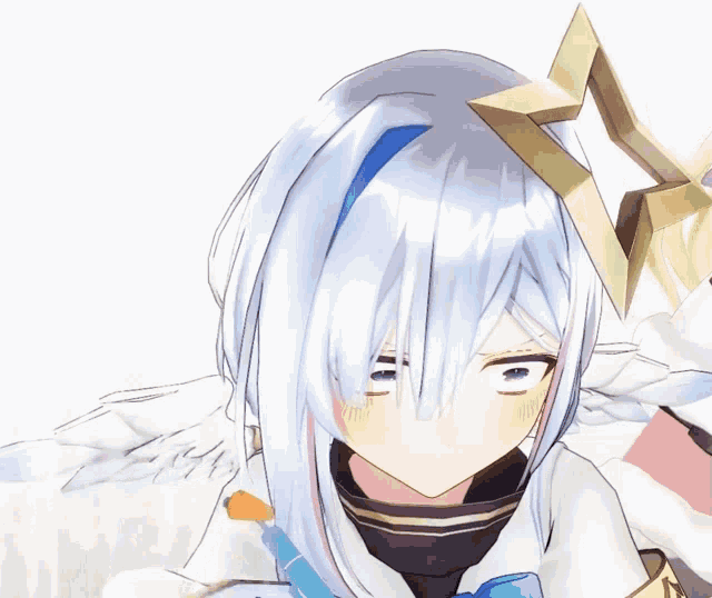 a close up of a cartoon character with white hair