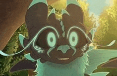 a close up of a cartoon character with big eyes .