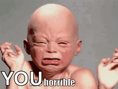 a baby is crying with the words `` you horrible '' written above it .