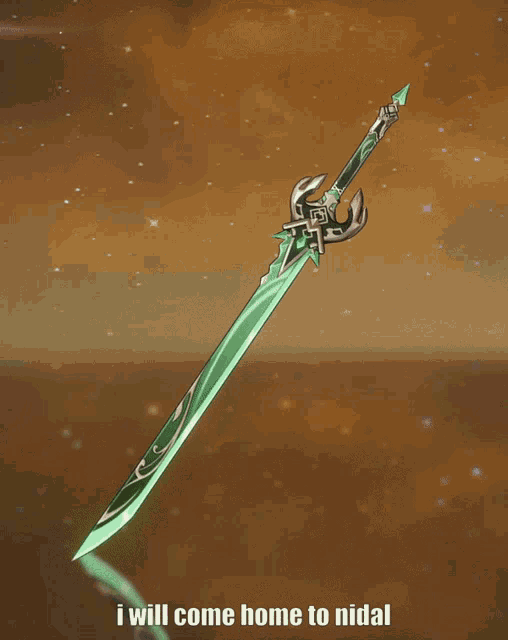 a green sword with the words " i will come home to nidal " underneath it
