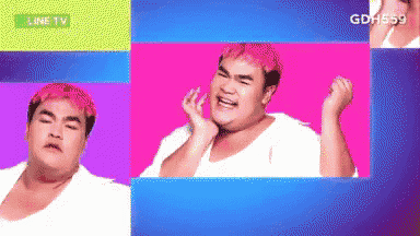 a fat man with pink hair and a white shirt is shown on a line tv screen .
