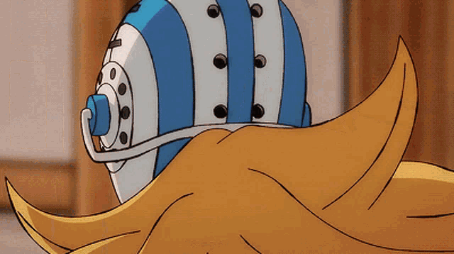a cartoon character with a blue and white helmet on their head