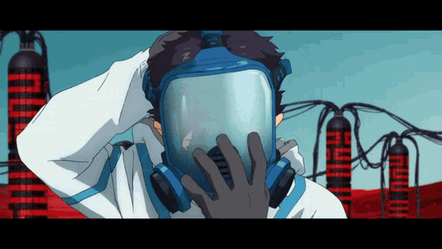 a cartoon character wearing a gas mask with a hand on his face