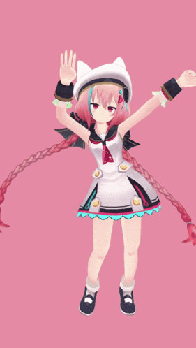 a girl with pink hair is wearing a white hat