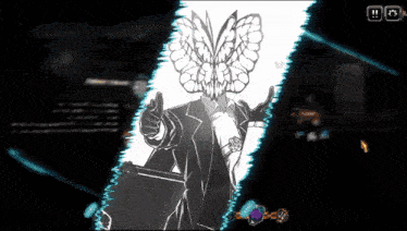 a black and white drawing of a person with a butterfly on their head