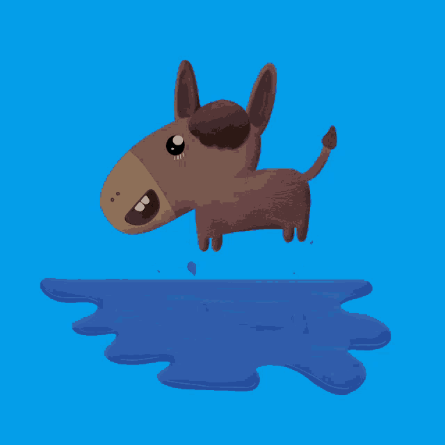 a donkey jumping into a puddle of water on a blue background
