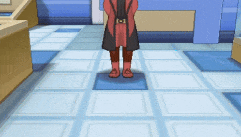 a cartoon character is standing in a room with a blue door