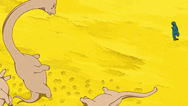 a cartoon of a dinosaur laying on the ground with a blue dinosaur standing next to it
