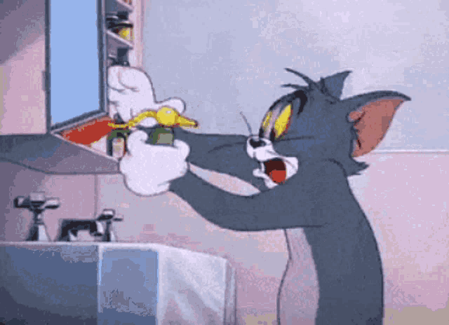 a cartoon of tom and jerry cleaning a bathroom cabinet