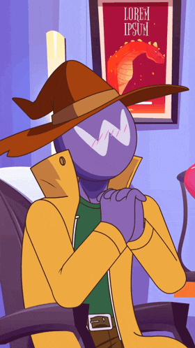 a cartoon character is sitting in front of a poster that says lorem ipsum on it