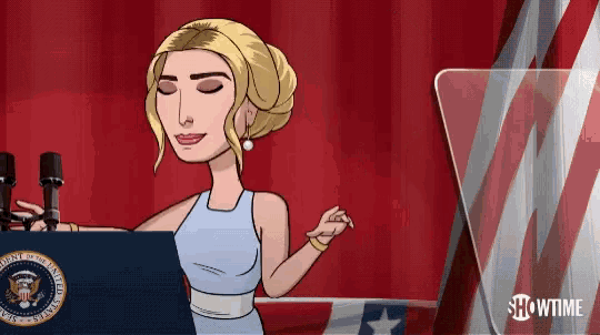 a cartoon of a woman standing at a podium with showtime written on the bottom right