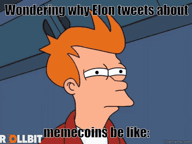 a cartoon of fry wondering why elon tweets about memecoins