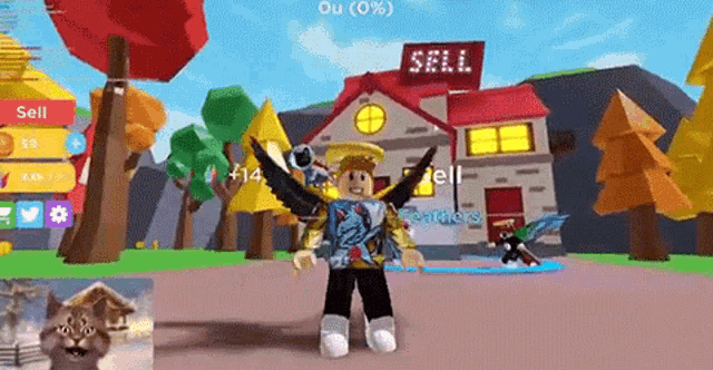 a person is playing a video game in front of a building that says sell .
