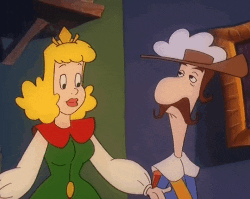 a man and a woman are holding hands in a cartoon scene