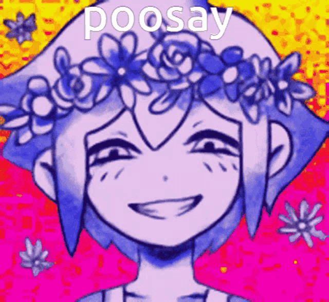 a drawing of a girl with a flower crown on her head and the word poosay written below her