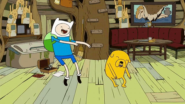 a cartoon drawing of finn and jake dancing in a room