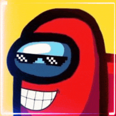 a red among us character with sunglasses and a big smile .