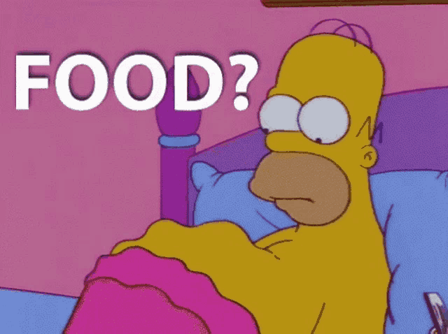 a cartoon of homer simpson laying in bed with the words food above him